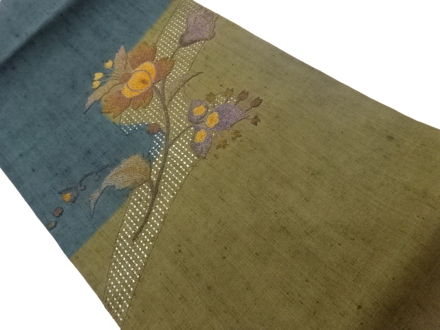 リサイクル　手織り紬汕頭相良刺繍花模様名古屋帯